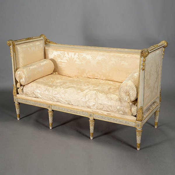 Louis XVI Style Parcel Gilt & Lime Canape, Late 19th C: Louis XVI Style Parcel Gilt and Polychrome Canape, Late 19th Century. The straight crestrail with beading and rais-de-coeur banded frieze adorsed by twin floral lengths, continuing to up scrolled upho