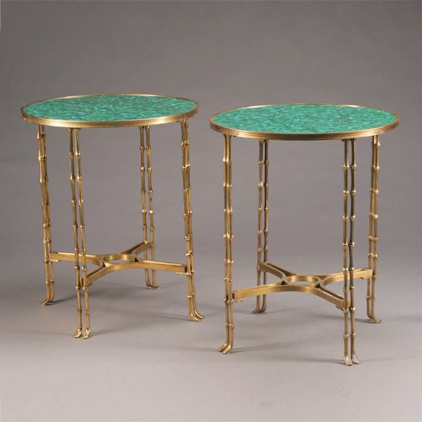 Pair of Louis XVI Style Gilt Bronze and Malachite: Pair of Louis XVI Style Gilt Bronze and Malachite Gueridons. Each inset circular malachite top raised on cluster column faux bamboo supports joined by stretchers and raised on stylized hoof feet. Heig