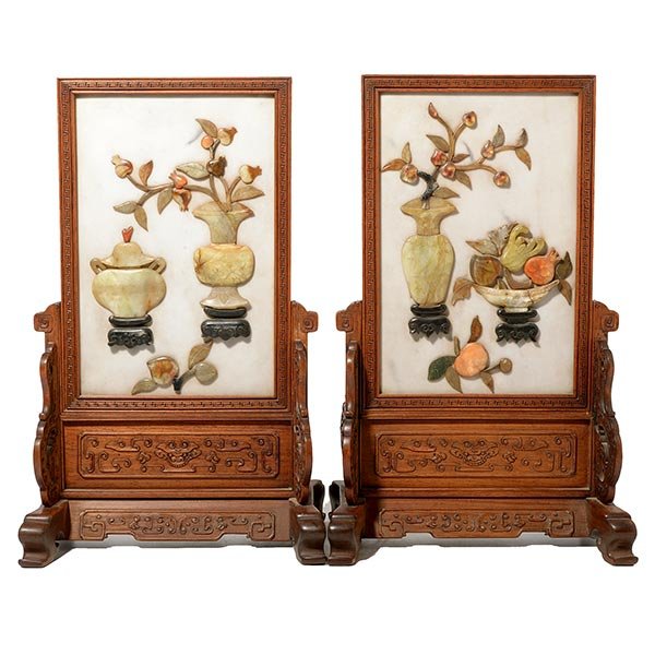 A Pair of Marble Table Screens with Hardstone Overlay (1 of 10)