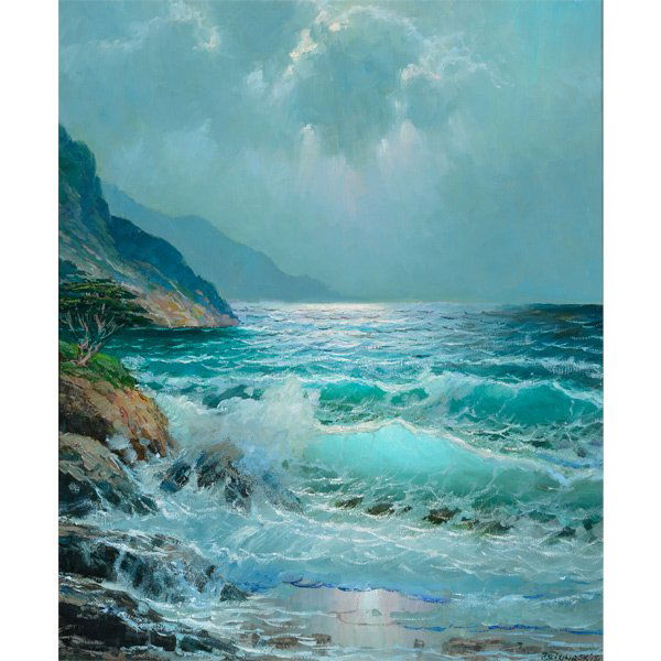 ALEXANDER DZIGURSKI II "Seascape with Cypress Tree" Oil: ALEXANDER DZIGURSKI II (California b. 1968) "Seascape with Lone Cypress Tree" Oil on cavnas. 24 x 20 inches; Frame: 31 x 27 inches. Signed l/r.