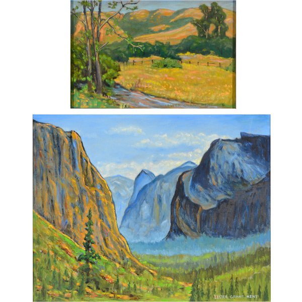 Two LESTER GRANT KENT "Landscapes" Oils on Board.: LESTER GRANT KENT (American 1905-1999) "Mountains with Stream" and "Hills with Field" Oil on board. 21 7/8 x 28 inches; Frame: 28 3/8 x 31 1/4 inches. 13 7/8 x 19 7/8 inches; Frame: 22 x 28 inches. Bo
