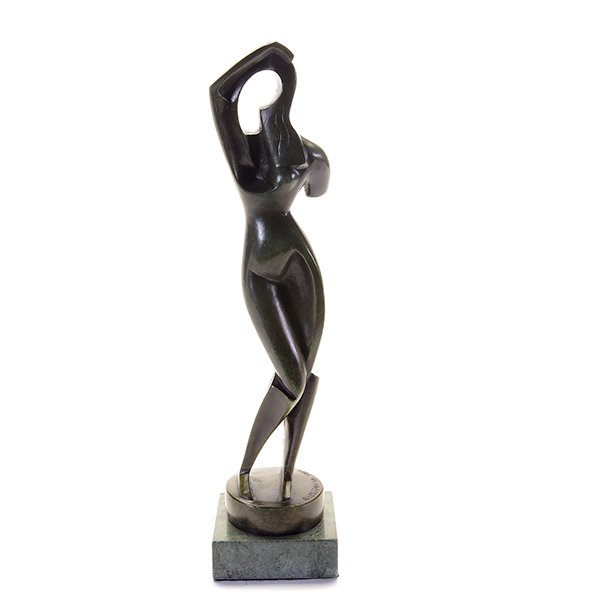 ALEXANDER ARCHIPENKO, posthumous cast bronze: ALEXANDER ARCHIPENKO (American 1887-1964) "Woman Combing Her Hair" Bronze (posthumous casting). Including base: 14 1/2 x 3 1/2 x 3 3/4 inches. Signed and dated on base: Archipenko 1914.