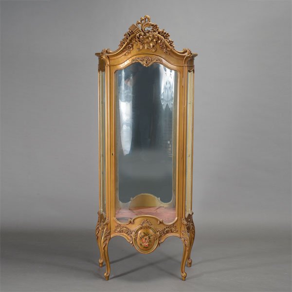 Vernis Martin Style Vitrine with Floral Painted: Vernis Martin Style Vitrine with Floral Painted Medallion {Dimensions 74 x 27 x 13 1/2 inches}