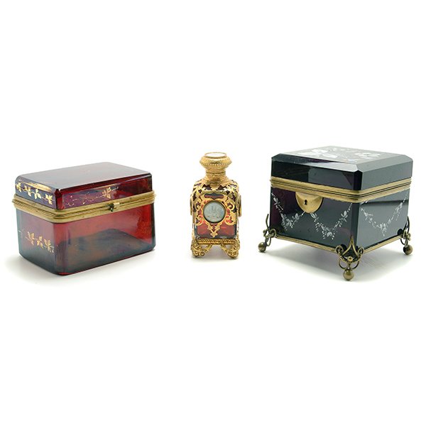 French Cranberry Glass Scent Bottle and Two Glass Boxes (1 of 4)