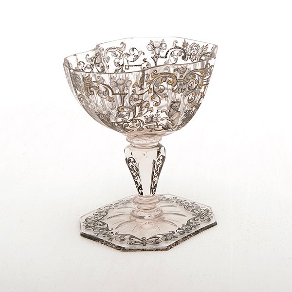 Lobmeyer Grisaille Enameled Glass: Lobmeyer Grisaille Enameled Glass {Height 4 1/4 inches, width 3 3/4 inches} [Small nicks to base]