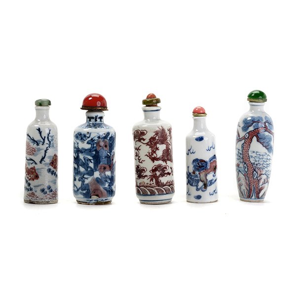 Five Underglaze Blue Snuff Bottles, 19th Century (1 of 5)