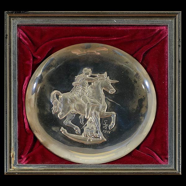 SALVADOR DALI "The Unicorn Dynnisiaque".: SALVADOR DALI (Spanish 1904-1989) "The Unicorn Dynnisiaque" Embossed silver plate mounted and framed. Plate diameter: 7 7/8 x 7 7/8 inches; Frame: 11 1/2 x 11 1/2 inches. Signed and dated in plate l/r