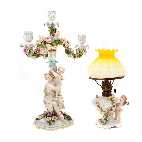 German Porcelain Figural Oil Lamp and Four Light (1 of 10)