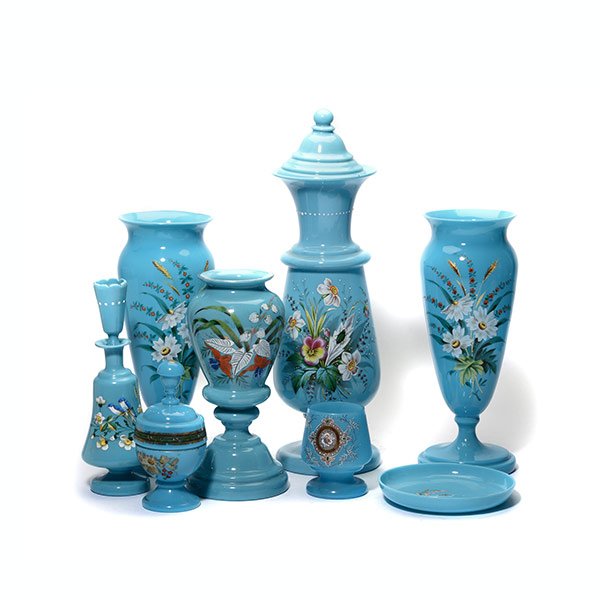 Collection of Eight Blue Opaline Enameled Glass Items (1 of 5)