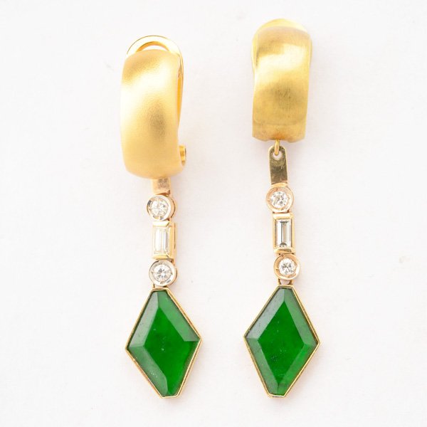 Pair of Jade, Diamond, Yellow Gold Earrings. (1 of 4)