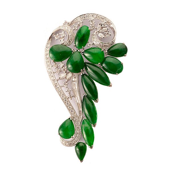 Jade, Diamond, 18k White Gold Brooch. (1 of 6)