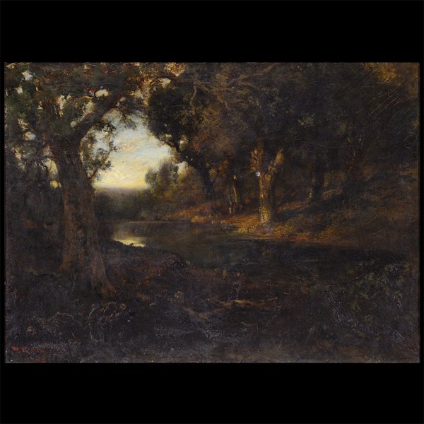 WILLIAM KEITH "Wooded Scape and Pond" Oil on Canvas.: WILLIAM KEITH (Californian 1838-1911) "Forrest with a Pond" Oil on canvas. 18 3/4 x 26 inches; Frame: 31 3/8 x 38 3/8 inches. Signed and dated l/l. [CONDITION: In overall fair condition. There is heat
