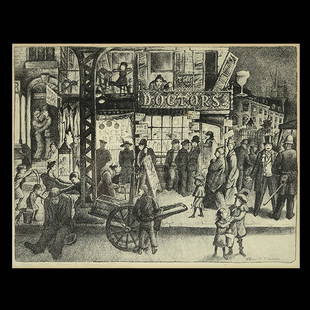 GLENN COLEMAN Lithograph, American Art: GLENN COLEMAN (American 1887-1932) "City Doctors" Lithograph. Sight: 14 x 18 inches; Frame: 21 x 24 1/2 inches. Numbered: 12/50, dated: 1928 and signed: Glenn O. Coleman l/l. [CONDITION: In good overa