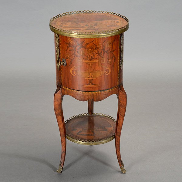 Louis XV Style Circular Marquetry Chinoiserie Table: Louis XV Style Galleried Circular Marquetry Chinoiserie Table {Height 30 1/2 inches, diameter 14 1/2 inches}