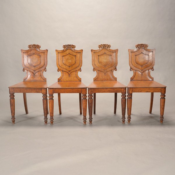 Four English Regency Oak Shield Back Hall Chairs (1 of 5)