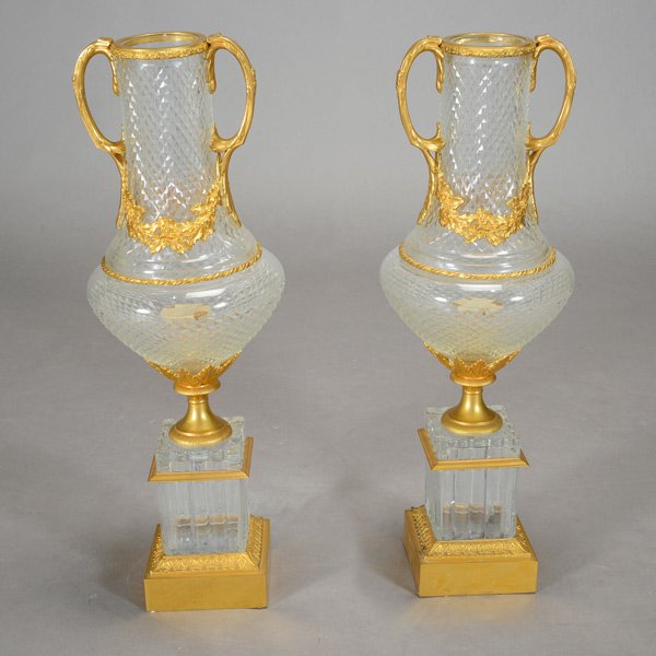 Pair of Baccarat Style Cut Crystal Bronze Mounted Urns (1 of 5)