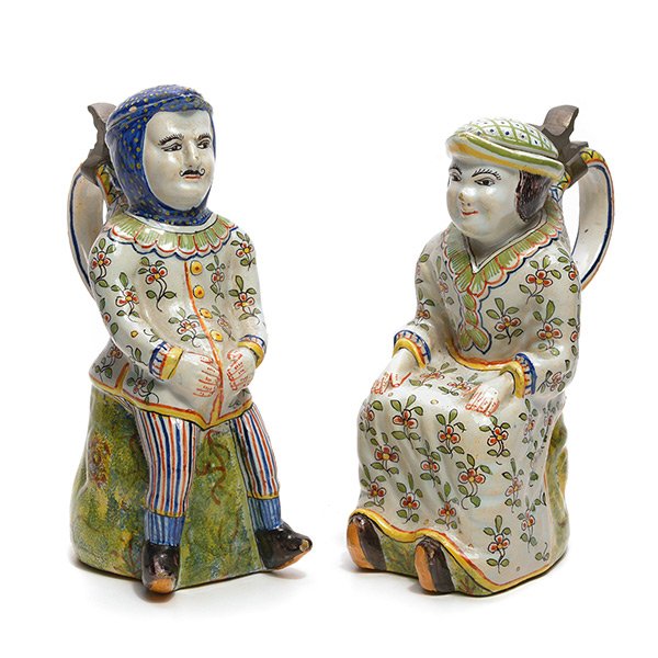 Matched Pair of French Faience Figural Steins (1 of 5)