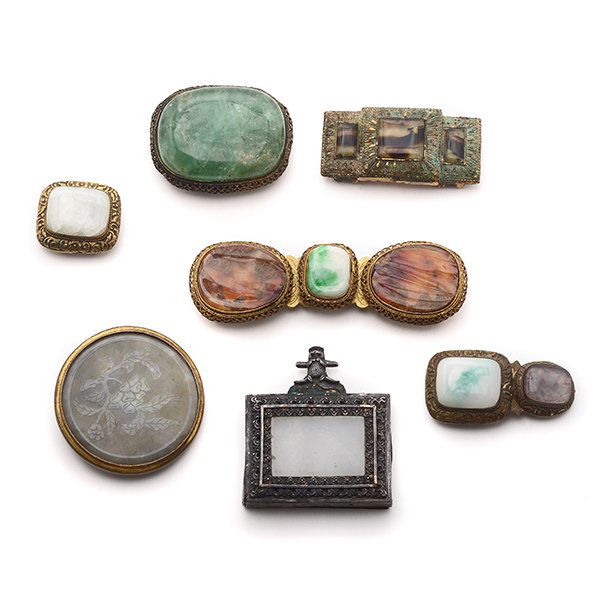 7 Chinese Metal-Mounted Stone and Glass Belt Buckles, (1 of 5)