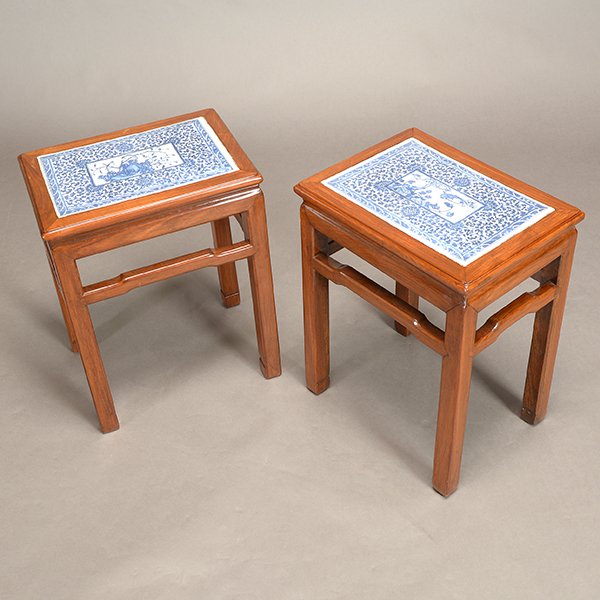 Pair of Chinese Rosewood Stools with Underglaze Blue (1 of 9)