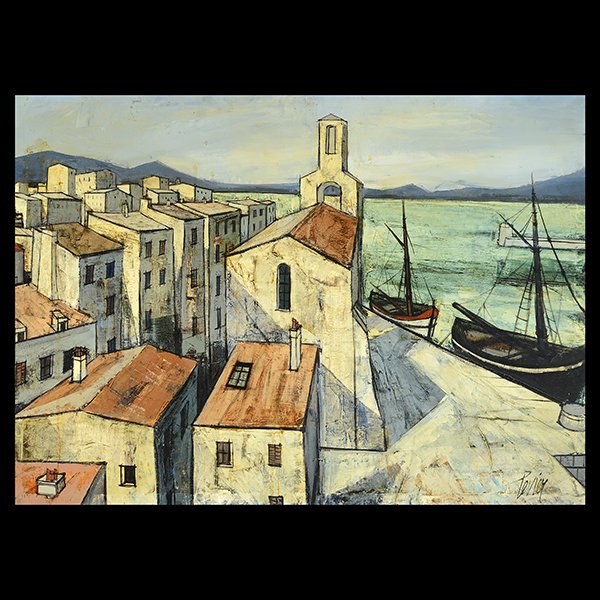 CHARLES LEVIER "City by the Sea" Oil on Canvas.: CHARLES LEVIER (French 1920-2003) "City by the Sea" Oil on canvas. 35 5/8 x 48 5/8 inches. Signed l/r.