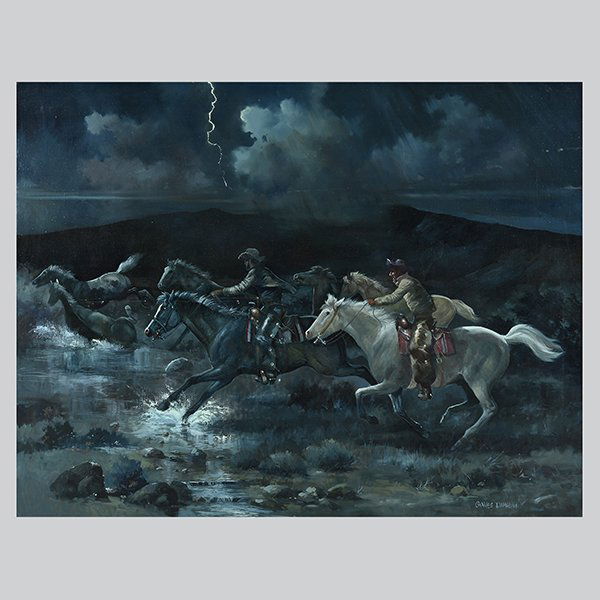 CHARLES DAMROW "Riding in a Storm" Oil on Canvas.: CHARLES DAMROW (American 1916-1989) "Riding in a Night Storm" Oil on canvas. 48 x 60 inches; Frame: 57 1/4 x 69 1/4 inches. Signed l/r.