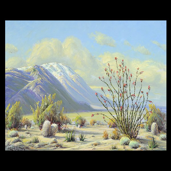 PAUL GRIMM "Desert Grandeur" Oil on Canvas.: PAUL GRIMM (American 1891-1974) "Desert Grandeur" Oil on canvas. 24 x 30 inches; Frame: 29 1/2 x 35 1/2 inches. Signed l/l and verso. Titled and dated back of canvas.