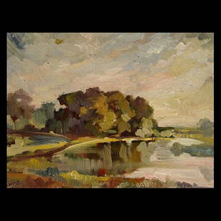 Attributed to ARRAH GAUL "Autumn Landscape" Oil on: Attributed to ARRAH LEE GAUL (American 1883-1980) "Water Gardens Near Jignedo Temple" Oil on canvas. 12 x 16 inches; Frame: 15 1/8 x 19 inches. Bears signature upper stretcher bar: A. L. Gaul. [CONDIT