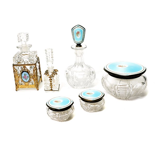 Six Glass Dresser Items with Enameled Mounts or Lids (1 of 8)