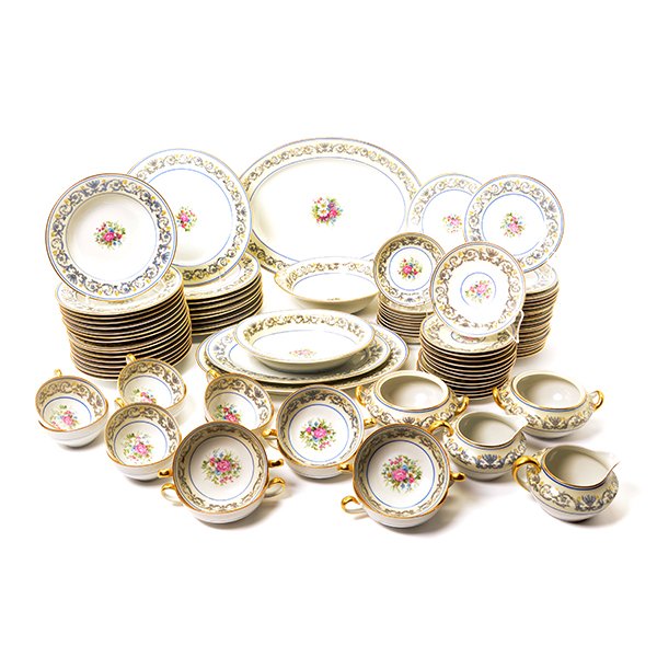 French Limoges Charles Ahrenfeldt Suzanne China Service: French Limoges Charles Ahrenfeldt Suzanne China Service: Comprising nine dinner plates {diameter 10 1/4 inches}; sixteen soup bowls; ten salad plates; nineteen bread plates; ten fruit bowls; eight tea