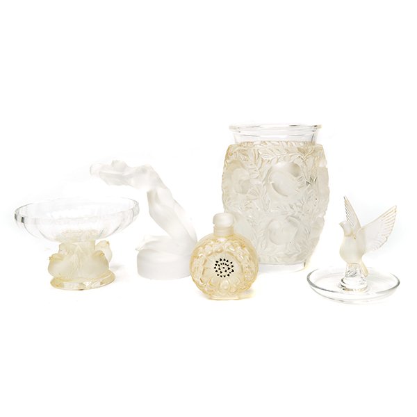 Five Lalique France Glass Articles: Five Lalique France Glass Articles, Including a Bagatelle vase with sparrows {height 6 3/4 inches}, Nogent compote dish based by four sparrows, Chrysis nude hood ornament figure, Thalie ring dish with