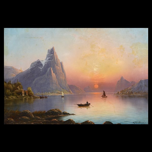 NILS CHRISTIANSEN "Boats at Sunset" Oil on Canvas. (1 of 5)
