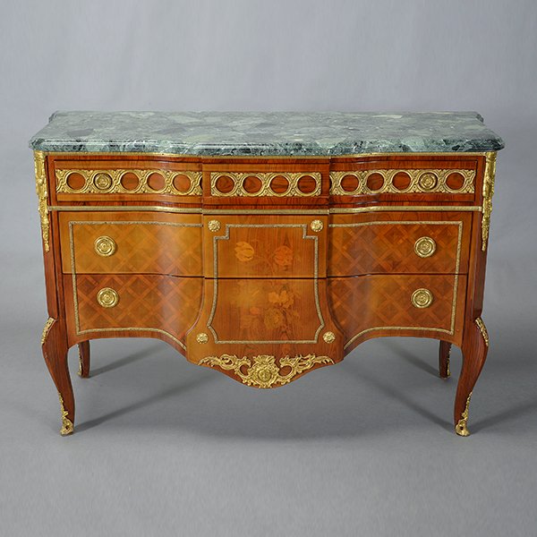 Louis XV Style Gilt Bronze Marble Top Sideboard: Louis XV Style Gilt Bronze Marble Top Sideboard. The shaped green marble top over a guilloche mount drawer frieze, and twin drawers, each with floral inlay recessed curvate side with lattice satine pa