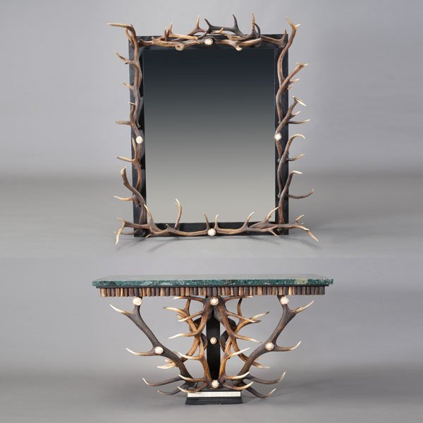 Anthony Redmile Bone, Antler, Wood and Marble Console: Anthony Redmile Bone, Antler, Wood and Marble Console Table and Mirror. The rectangular mirror plate within a rusticated antler and horn above a console with stepped curved marble top on a rusticated