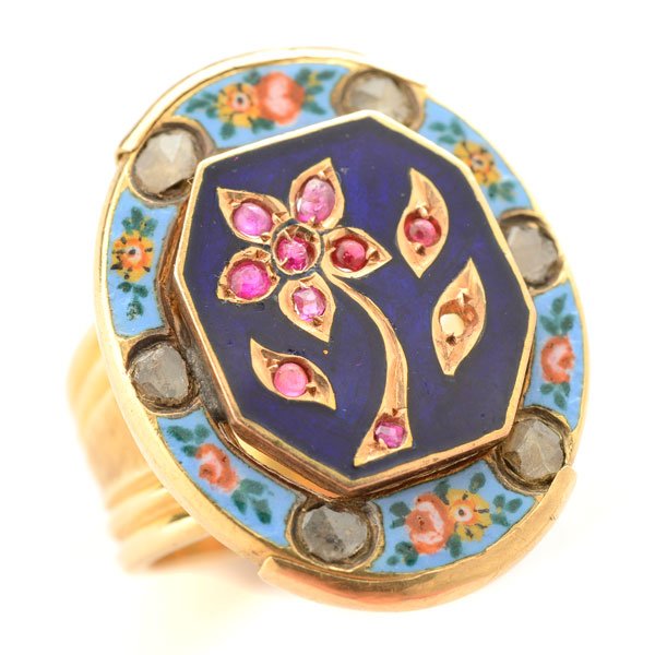 Ruby, Glass, Diamond, Enamel, 14k Yellow Gold Ring. (1 of 4)