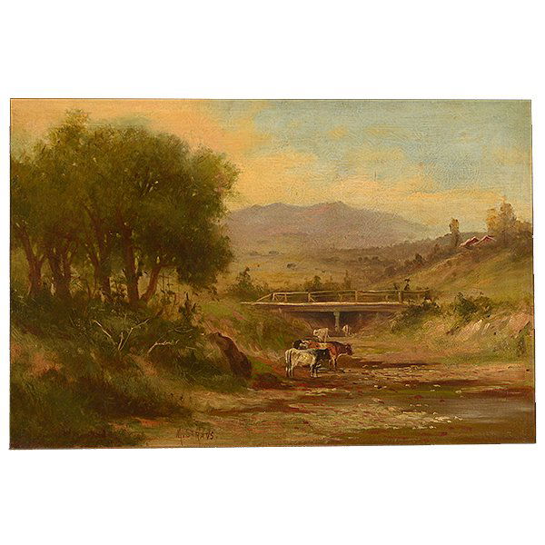 MEYER STRAUS "Cows in a River Bed" Oil on Canvas.: MEYER STRAUS (American/German 1831-1905) "Cows in a River Bed" Oil on canvas. 20 x 30 3/8 inches; Frame: 25 x 35 inches. Signed lower left center. Artist biography verso top right of frame. [CONDITION