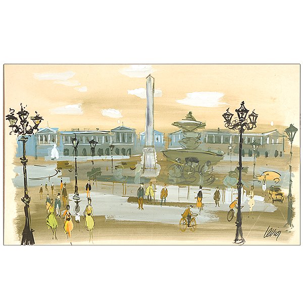 CHARLES LEVIER "French Plaza" Gouache.: CHARLES LEVIER (American 1920-2003) "French Plaza" Gouache. 23 1/2 x 38 inches; Frame: 26 1/8 x 40 1/2 inches. Signed l/r.