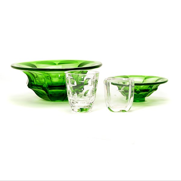 Two Moser Karlsbad Czechoslovakian Bowls Together with: Two Moser Karlsbad Czechoslovakian Green Glass Bowls Together with an Orrefors Vase and a Small Vase with Etched Bird, one Moser bowl marked {Height of largest bowl 4 5/8 inches, diameter 11 3/8 inche