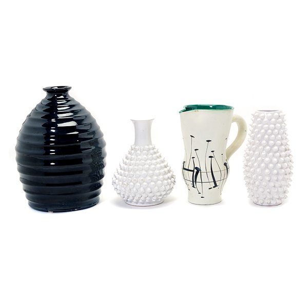 Four Continental Mid Century Ceramics: Four Continental Mid Century Ceramics, Comprising two Danish white glazed vases, Roger Capron white and green pitcher, and a large French black glazed urn Circa 1940's-1970. {Height of tallest 12 inch