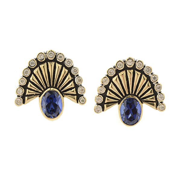 Pair of Erte` Synthetic Sapphire, Diamond, 14k Yellow (1 of 4)