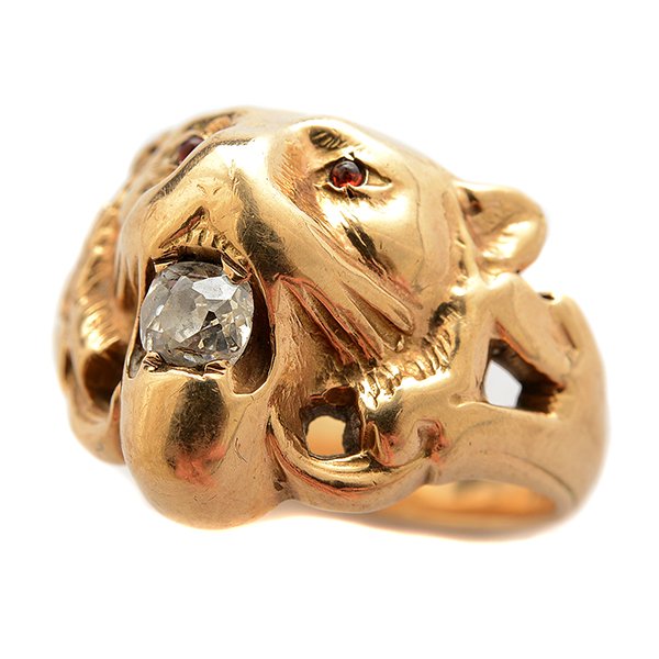 Diamond, Garnet, 10k Yellow Gold Lion Ring. (1 of 4)