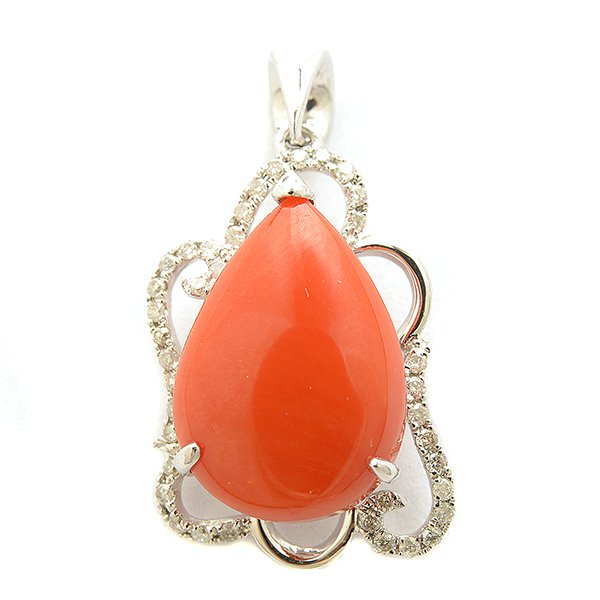 *Coral, Diamond, 14k White Gold Pendant. (1 of 3)