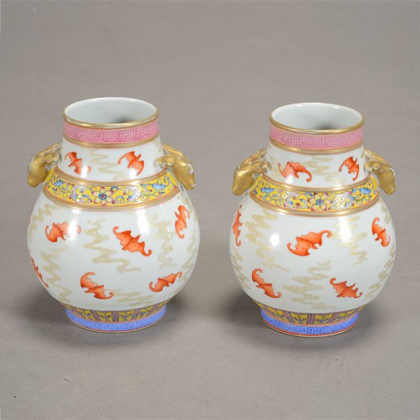 A Pair of Small Polychrome Porcelain Jars with Ram's (1 of 4)