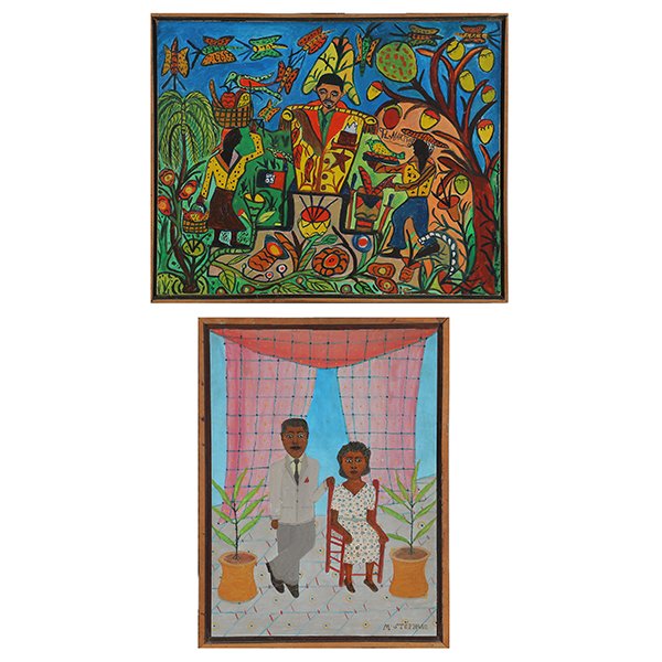 2 Haitian paintings, STEPHANE AND MARTINEZ: MICIUS STEPHANE and FLORENCE MARTINEZ (Haitian b. 1912) and (Haitian b. 1942) "Portrait of a Couple" and "Jungle Scene with Figures" Oil on masonite. 15 x 11 3/8 inches. 16 5/8 x 20 5/8 inches. Signed