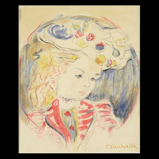 Constantin Terechkovitch "Portrait" WC Russian Art: CONSTANTIN TERECHKOVITCH (Russian Federation 1902-1978) "Portrait of a Girl" Watercolor. Sight: 13 3/4 x 11 1/4 inches; Frame: 22 7/8 x 20 3/8 inches. Signed l/r.