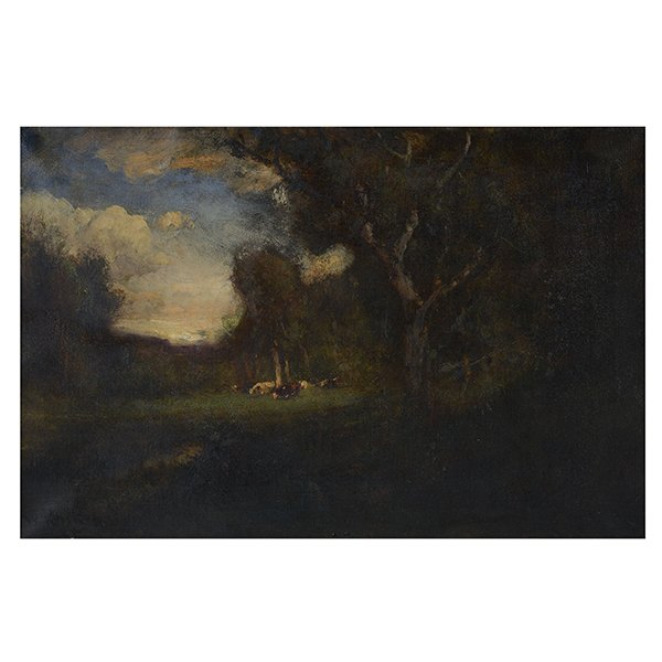 WILLIAM KEITH "Cows in the Field" Oil on Canvas.: WILLIAM KEITH (Californian 1838-1911) "Cows in the Field" Oil on canvas. 20 3/8 x 30 3/8 inches; Frame: 32 1/4 x 42 5/8 inches. Signed l/l. Provenance: From the Pritikin Museum Collection, SF, CA.