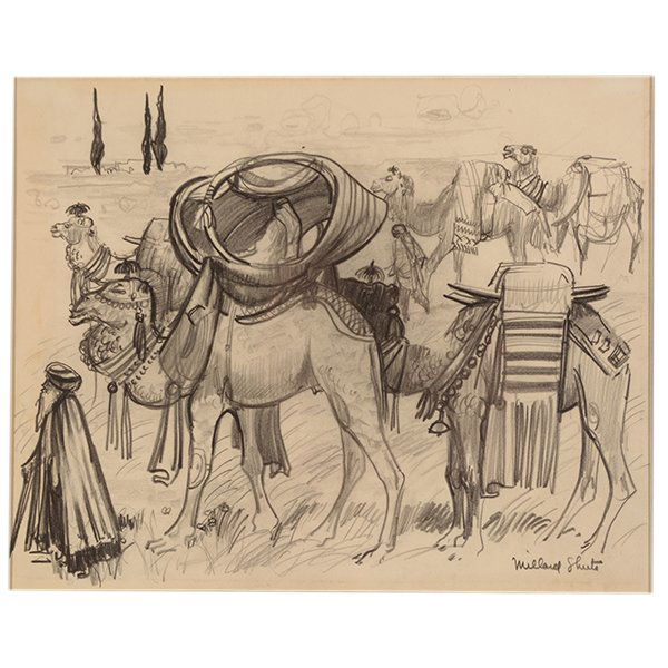 MILLARD SHEETS "Camel Herder" Pencil.: MILLARD SHEETS (Californian 1907-1989) "Camel Herder" Pencil. Sight: 8 1/8 x 10 1/8 inches; Frame: 15 1/2 x 17 1/2 inches. Signed l/r.