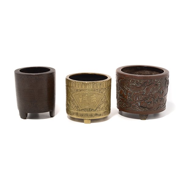 Three Bronze Cylindrical Tripod Censers, Qing Dynasty (1 of 5)