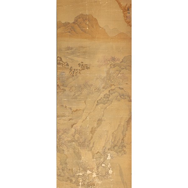 After Lan Ying (1585-1664): Landscape: After Lan Ying (1585-1664): Landscape Hanging scroll, ink and color on silk, with a signature reading 'Lan Ying', one seal. 62 x 26 1/2 inches (157.5 x 67.3 cm) [Extensive creasing with associated los