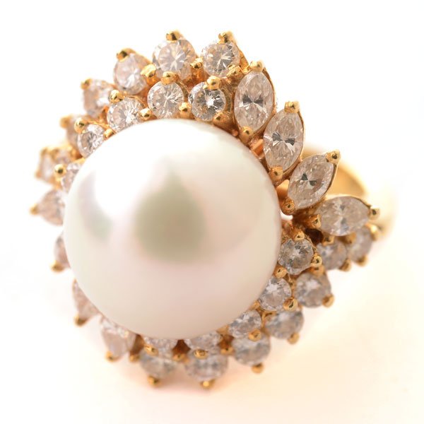 Cultured Pearl, Diamond, 18k Yellow Gold Ring. (1 of 4)