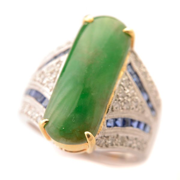 Jade, Diamond, Sapphire, 18k Gold Ring. (1 of 4)